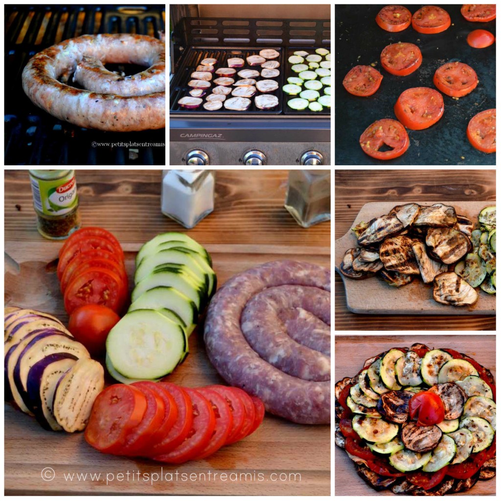 cuisson barbecue saucisse et légumes