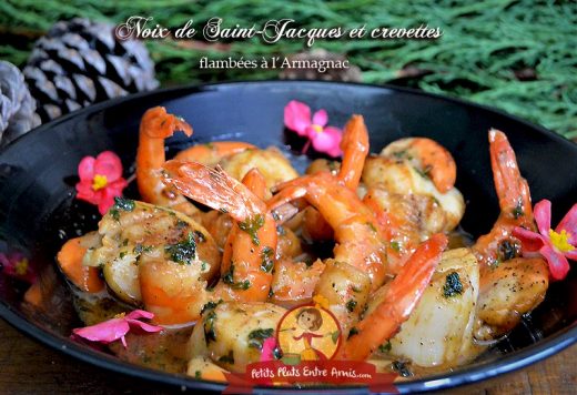 Noix de Saint-Jacques et crevettes flambées à l'Armagnac