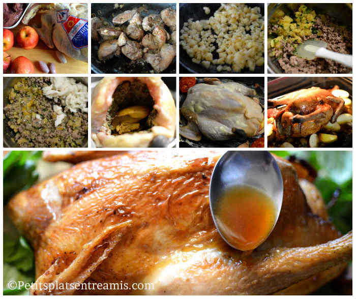 Cuisson poulet de Bresse farci aux foies de volaille et pommes