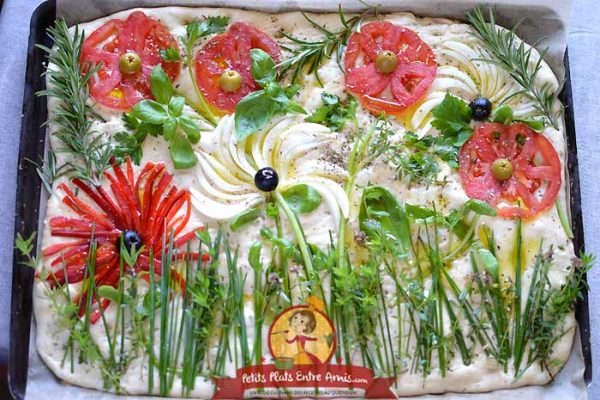 Montage Focaccia aux herbes fraîches façon tableau